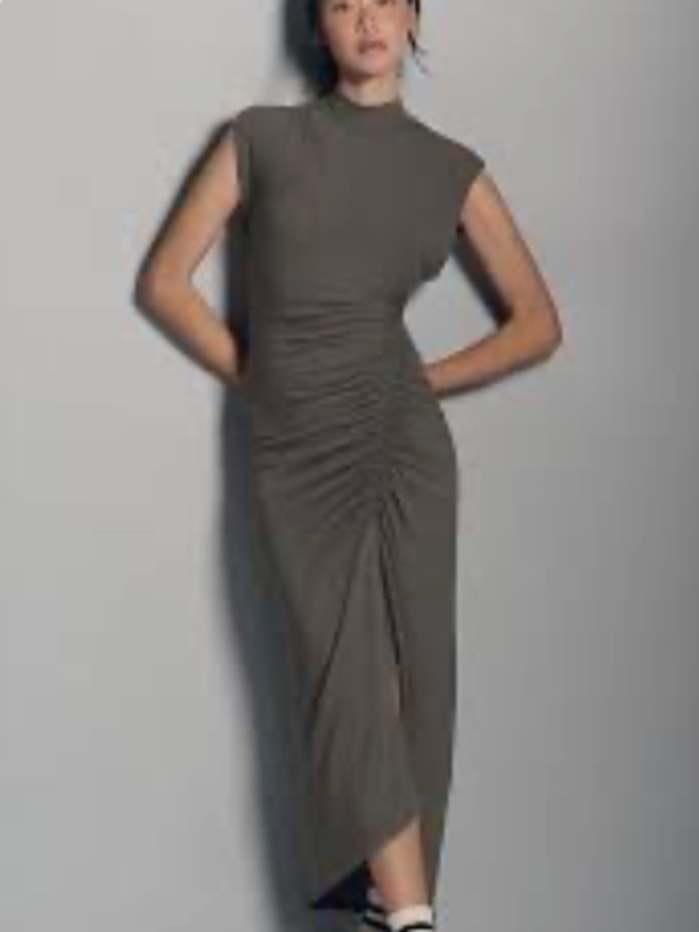 Chic Flattering Comfortable Daily Practice Mock Neck Ruched Midi Dress Medium